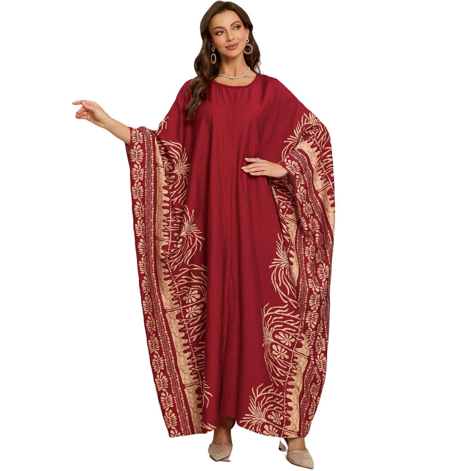 Geometric Pattern Kaftan Maxi Dress with Long Batwing Sleeves for Beach Cover Up